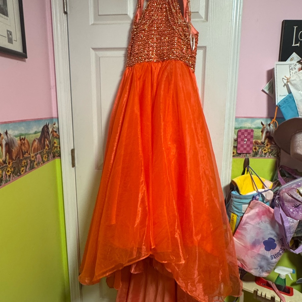 Rachel Allan Vibrant Orange Dress with Beaded Details